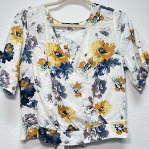 Abercrombie and Fitch Shirt L White Floral Open Back Wrap Boho Whimsical Chic